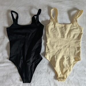 OQQ Ribbed Square Neck Bodysuit Black & Cream Bundle of 2 Women's M Shapewear